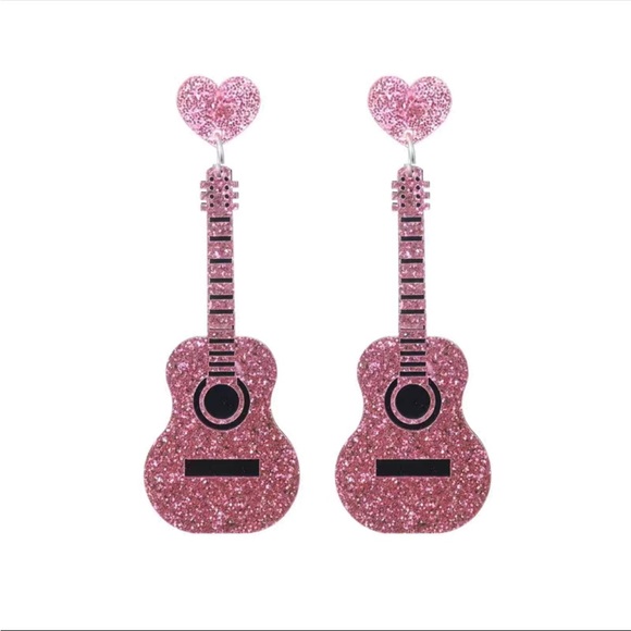 🎸 Retro Country Pink Guitar Glitter Acrylic Drop Earrings Music Design - Picture 3 of 3